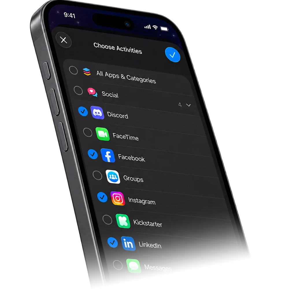 The Choose Activities screen: a list of apps and categories with checkboxes, several of them selected.