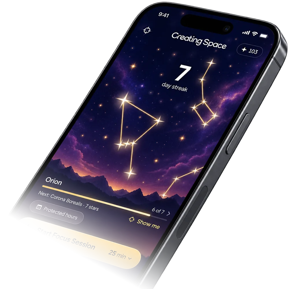 The Universe tab: Orion and two more constellations drawn in gold across a violet sky over a mountain horizon, a seven day streak, and the control to start a 25 minute session.